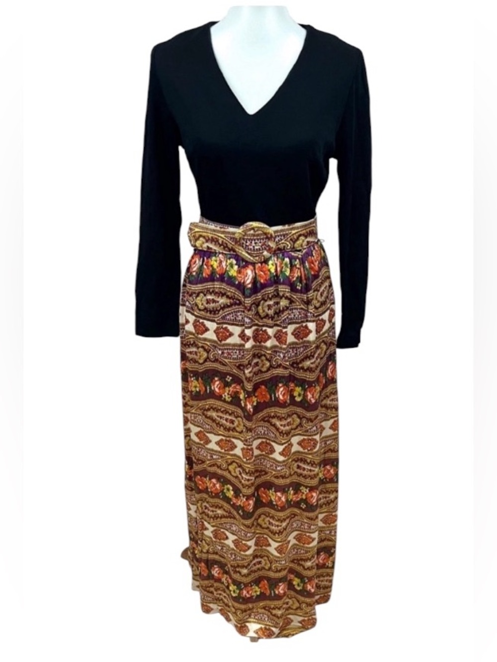Vintage Retro V-neck Colorblock Mexican Floral Paisley Belted Maxi Dress